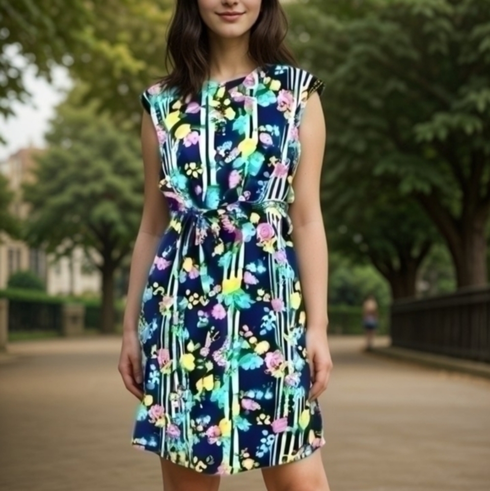 VINTAGE 60S 70S ELECTRIC FLORAL MOD SHIFT DRESS SZ M
